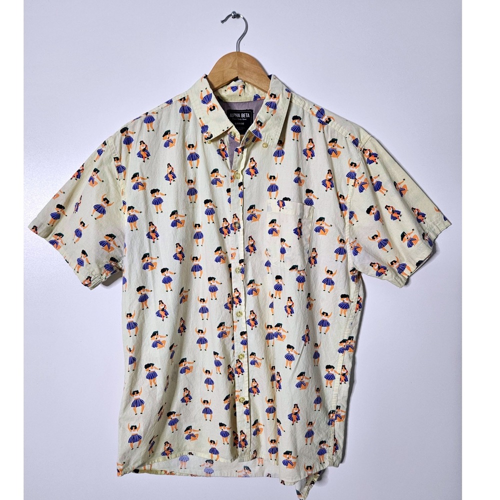 Alpha Beta Hula Dancer Shirt Mens Large Cream Cotton Short Sleeve Button Down EX